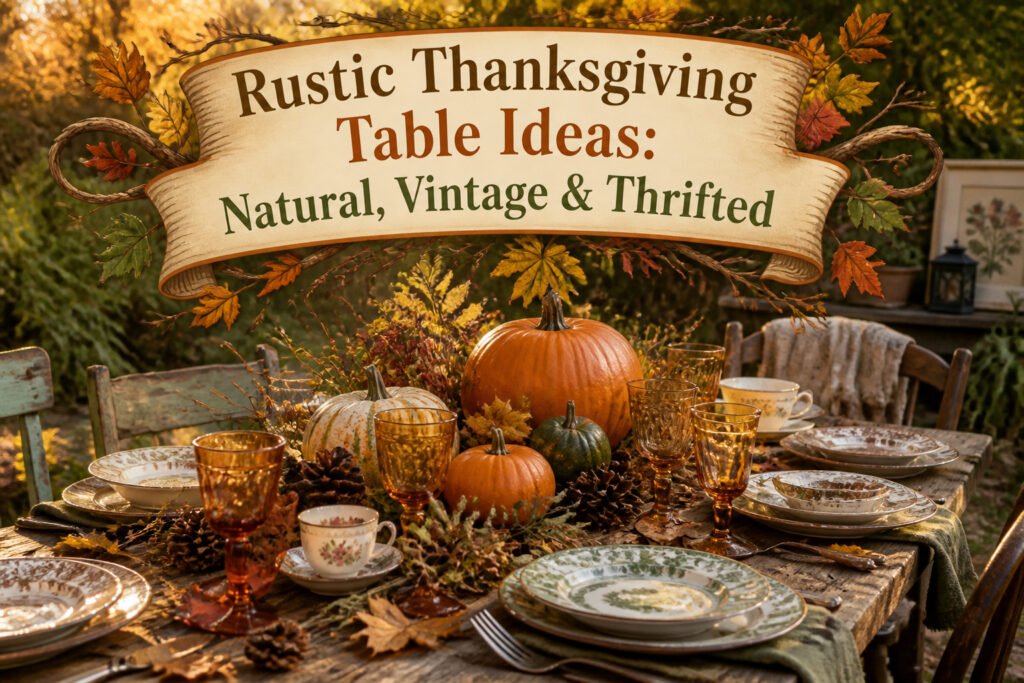 A rustic Thanksgiving table with leaves, pumpkins, and natural decor.