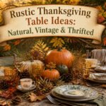 A rustic Thanksgiving table with leaves, pumpkins, and natural decor.