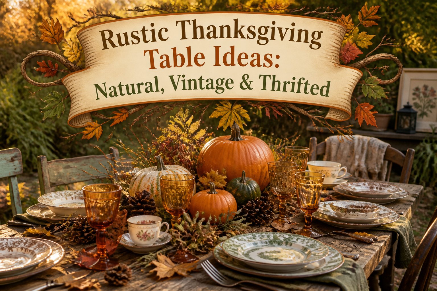 A rustic Thanksgiving table with leaves, pumpkins, and natural decor.