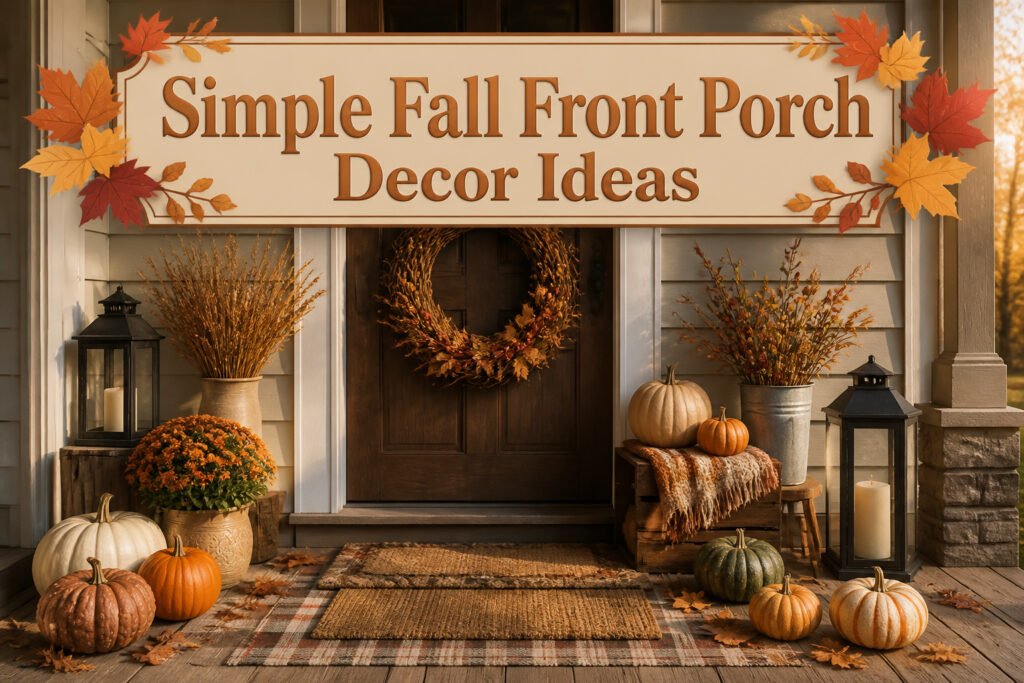 A fall porch with pumpkins, mums, and layered rugs.