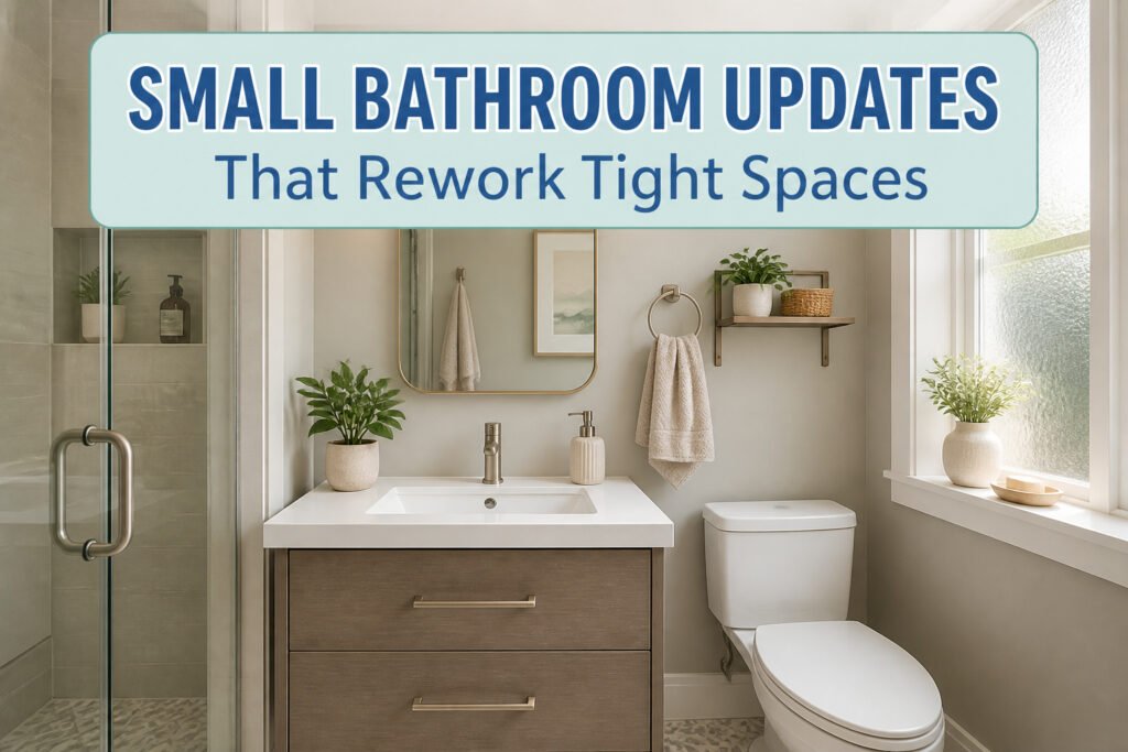 A collection of small bathroom updates including colors, fixtures, and accessories.
