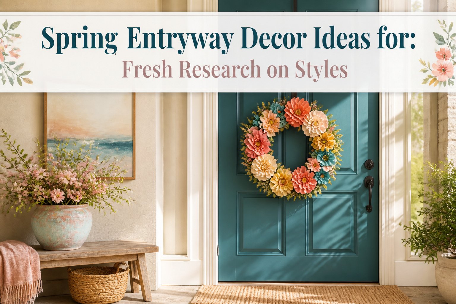 Colorful entryway decorated with spring flowers and decor ideas.