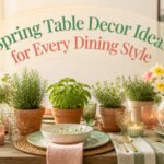 Spring table setting with floral arrangements and assorted colorful dinnerware.