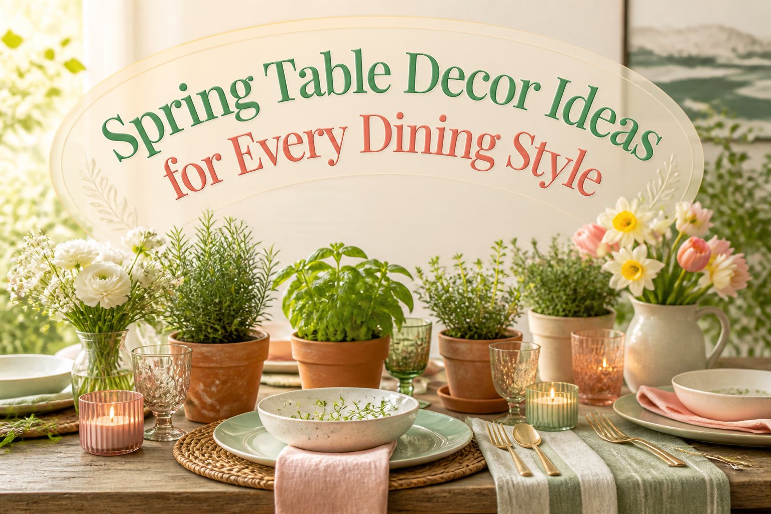 Spring table setting with floral arrangements and assorted colorful dinnerware.