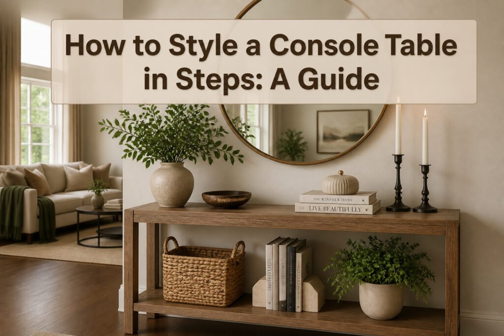 A console table styled with a mirror, lamp, and various decorative objects.