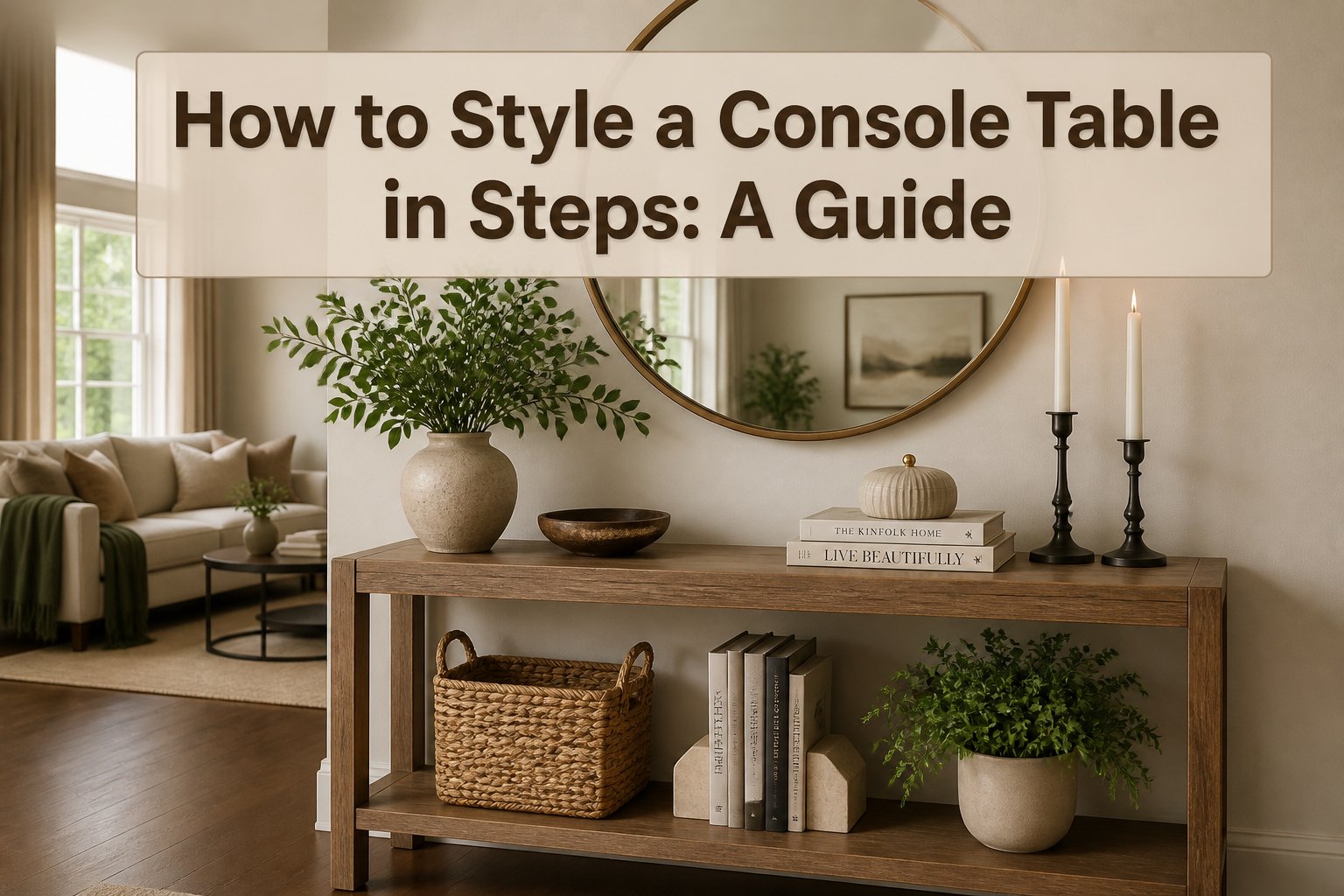 A console table styled with a mirror, lamp, and various decorative objects.