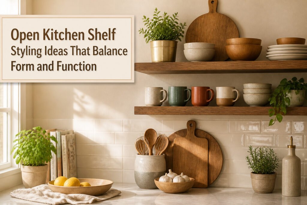 Stylish open kitchen shelves displaying various dishes and decorative items.