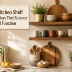 Stylish open kitchen shelves displaying various dishes and decorative items.