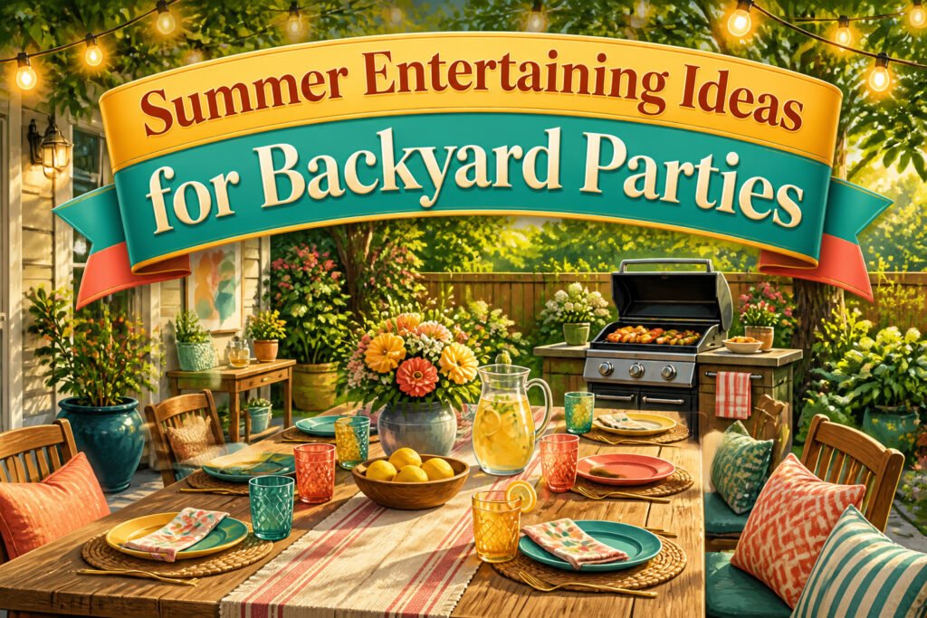 A colorful backyard party scene with food, drinks, and decorations.