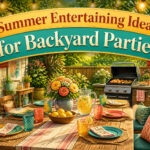 A colorful backyard party scene with food, drinks, and decorations.