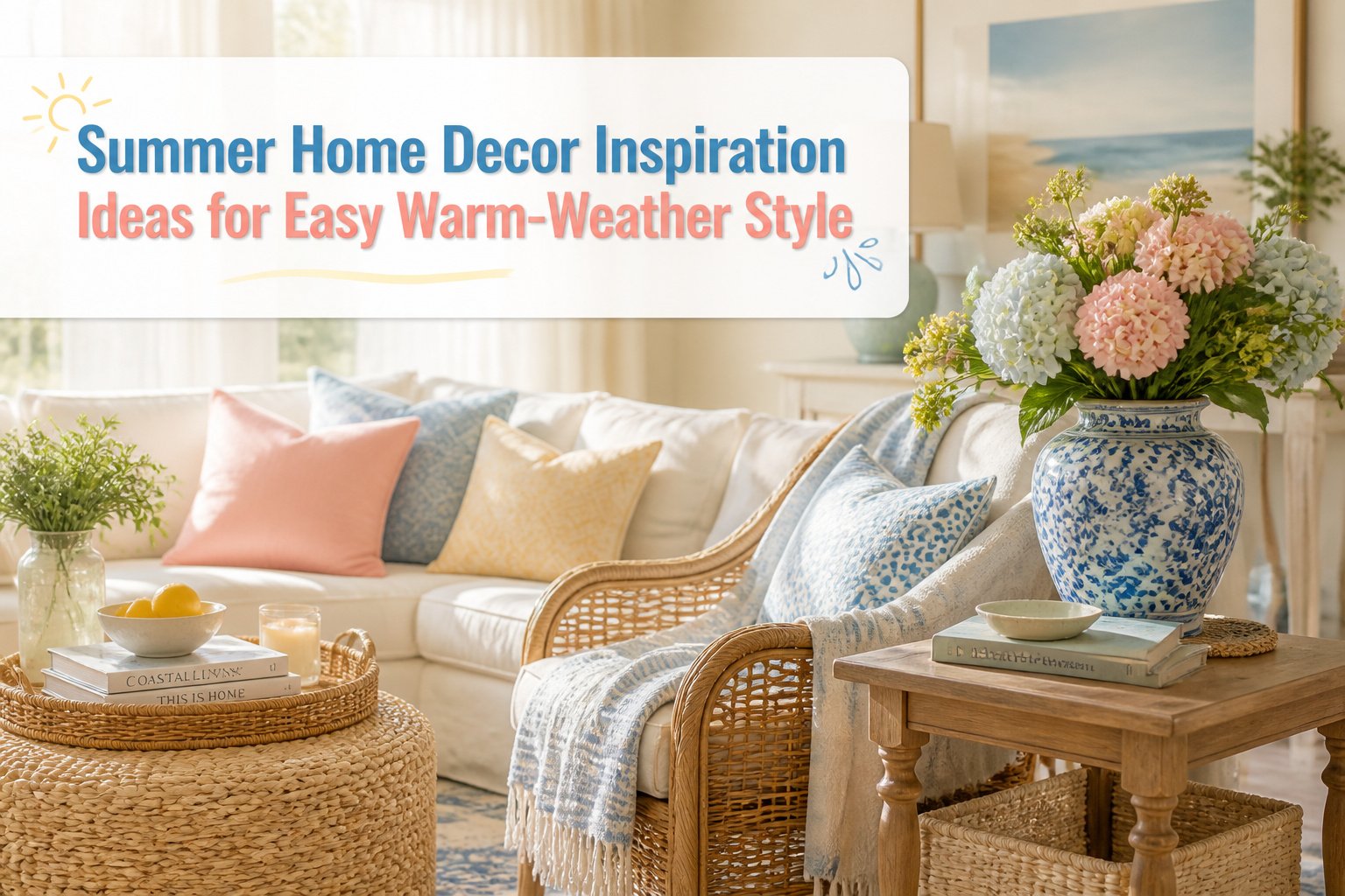 A collection of summer home decor items arranged on a table.