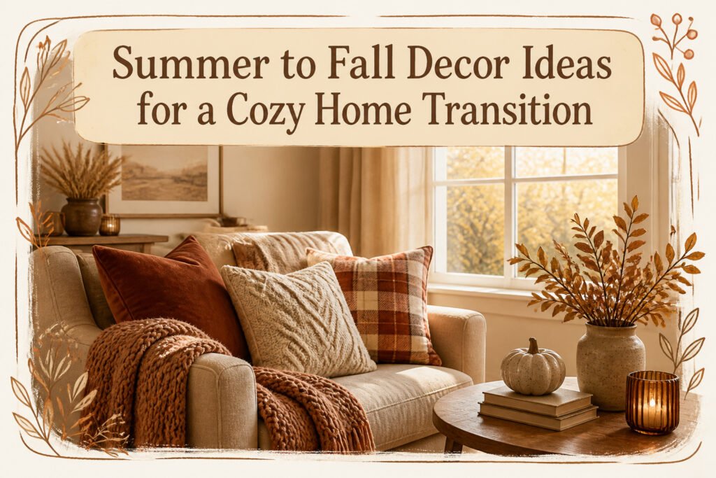 A decorated living space featuring warm colors and seasonal decor.