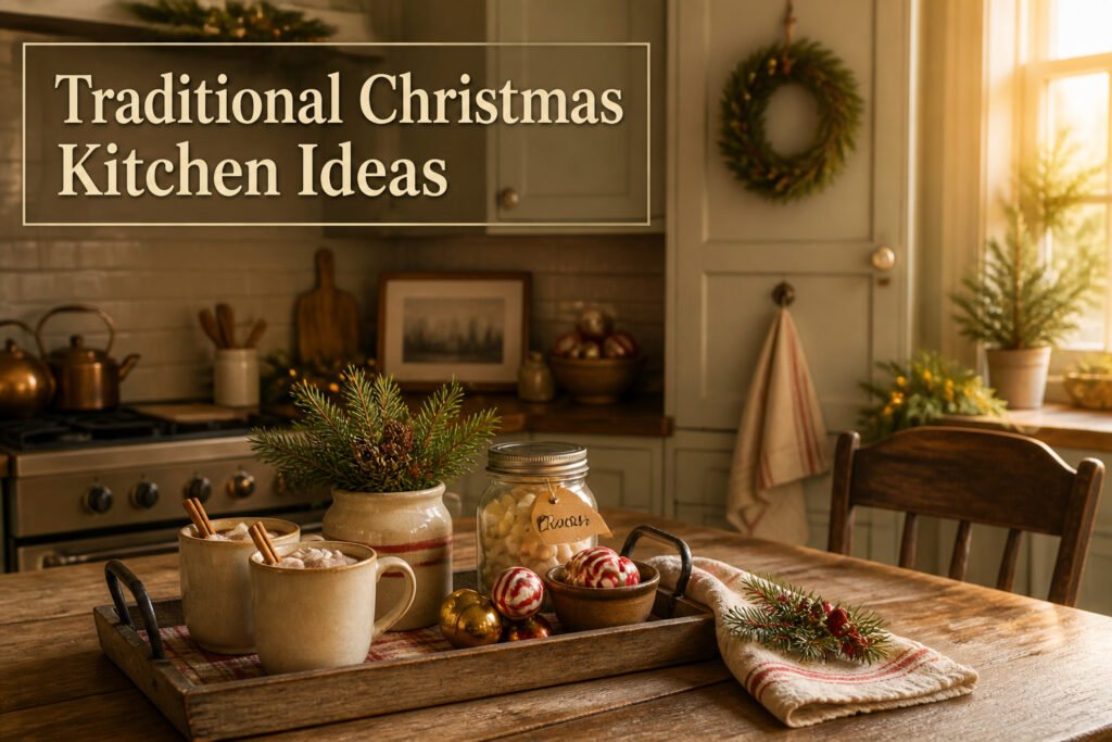 A cozy kitchen decorated for Christmas with greenery and holiday accents.