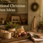 A cozy kitchen decorated for Christmas with greenery and holiday accents.