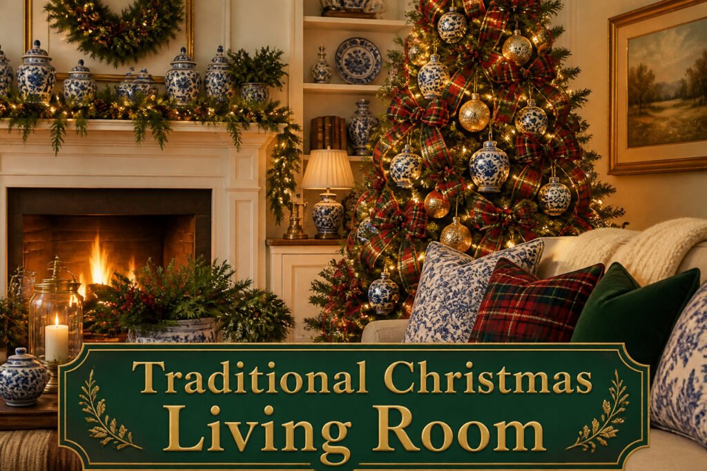 Traditional Christmas living room with a decorated tree and festive decor.