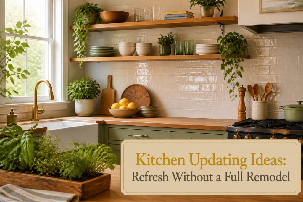 An updated kitchen with painted cabinets and modern lighting.