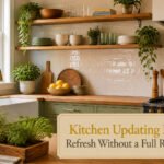 An updated kitchen with painted cabinets and modern lighting.