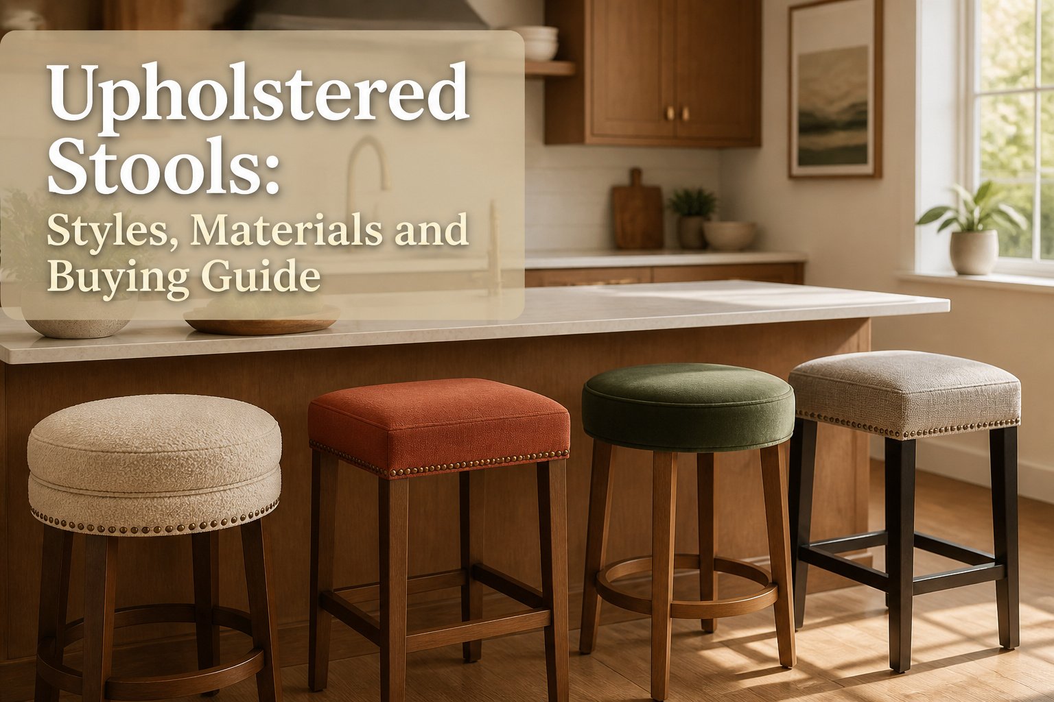 Various upholstered stools in different styles and materials around a kitchen.