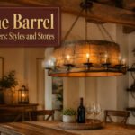 Different styles of wine barrel chandeliers arranged together.