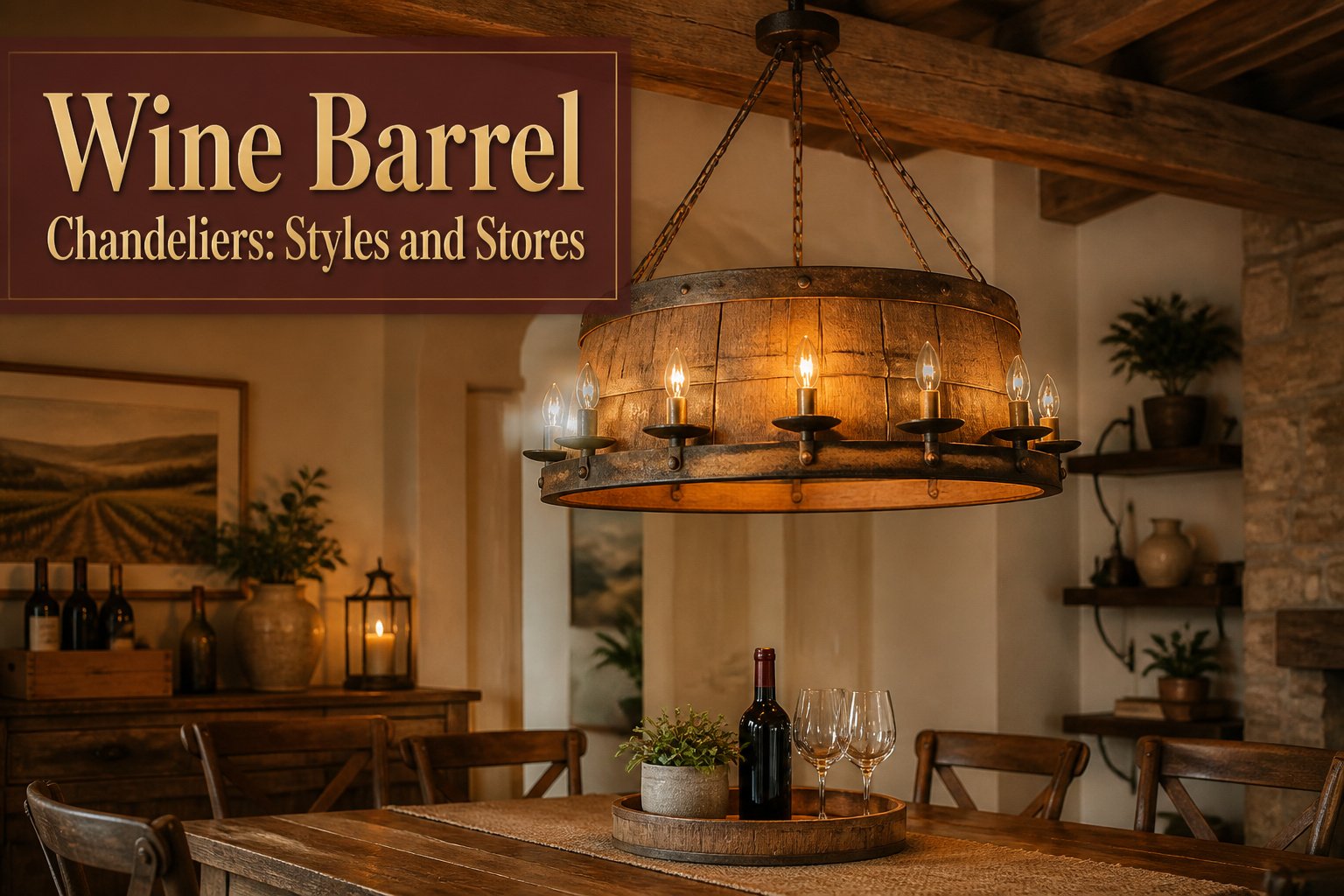 Different styles of wine barrel chandeliers arranged together.