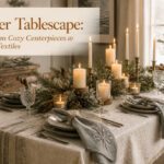 A winter tablescape with layered linens and candles creating a warm ambiance.