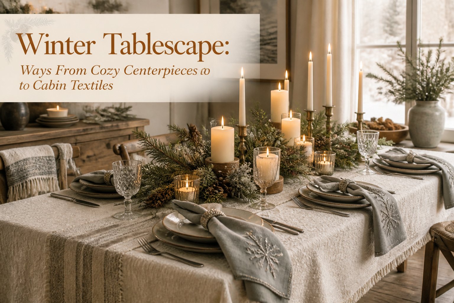 A winter tablescape with layered linens and candles creating a warm ambiance.